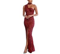 Onsoyours Damen Pailletten Kleid Hohe Taille Kleid Saumschlitz Hochzeit Abendkleider Elegant Langes Kleid Ballkleider Sexy Party Kleider D Rot L