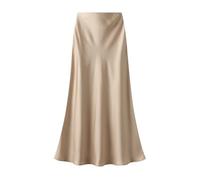 Onsoyours Damen Satin Rock Lang Hohe Taille Skirt Elegant Midirock Midi Business Rock mit Reißverschluss A Champagner M