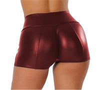 Onsoyours Damen Sexy Leder Shorts Glanz Hohe Taille PU Kurze Hose Push up Kunstlederhose Lederhose Hotpants A Weinrot XL