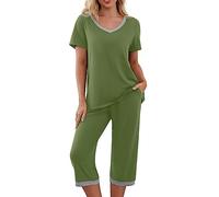 Onsoyours Damen Sommer 2 Stück Schlafanzug Lässiges Einfarbig Nachtwäsche Kurz Pyjama Set Kurzarm Sleepshirt Top mit 3/4 Lange Capri Hose Hausanzug Schön Freizeitanzug A Grün XXL