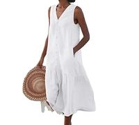 Onsoyours Damen Sommer Baumwoll Leinen Kleid Ärmelloses Rundhals Boho Sommerkleid Strandkleid Einfarbig Locker Kaftan Langes Kaftan Kleid Mit Taschen Knielang Kleid A1 Weiß 42