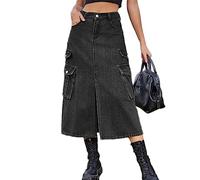 Onsoyours Damen Sommer Jeansrock Midi Long A-Linie Rock mit Hoher Taille Stretch Sommerrock Bleistiftrock Sexy Pencil Skirt mit Knöpfen Denim Midirock mit Taschen C Schwarz Grau M