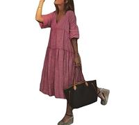 Onsoyours Damen Sommer Kleid Leinenkleider Casual Rundhalsausschnitt Kurzarm Freizeitkleid Strandkleider Boho Einfarbig Langes Kleid mit Taschen mit Gürtel E Rot 3XL