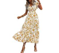 Onsoyours Damen Sommerkleid Boho Casual V-Ausschnitt Kleider Mit Rüschen Bedrucktes Hohe Taille Freizeitkleid Vintage Elegant Strandkleid Maxikleid A Orange XXL
