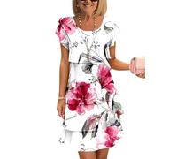 Onsoyours Damen Sommerkleid Chiffon Rundhals Elegant Kurzes Abendkleid Blumendruck Kurzarm Minikleid Leicht Und Luftig Freizeitkleid Rüschen Cocktailkleid B01 Rot XL