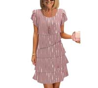 Onsoyours Damen Sommerkleid Chiffon Rundhals Elegant Kurzes Abendkleid Blumendruck Kurzarm Minikleid Leicht Und Luftig Freizeitkleid Rüschen Cocktailkleid B06 Rosa XS