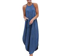 Onsoyours Damen Sommerkleid Freizeit ärmelloses Maxikleid Lässiges Lockeres Strandkleid Lang Jeanskleid Freizeitkleid Elegant Kleider X 02 Blau 48