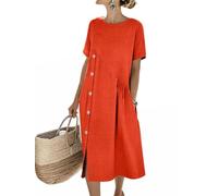 Onsoyours Damen Sommerkleid Strand Elegant A-Linie Kleider Freizeitkleider Leinen Rundhals Kurzarm Knopf Boho Midikleid Mit Taschen A Orange 3XL