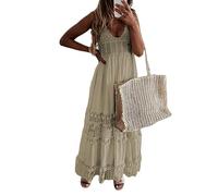 Onsoyours Damen Sommerkleid V Ausschnitt Floral Spitze Quasten Spaghetti Trägerkleid Freizeitkleider Party Boho Beach Maxi Dress Strand Hochzeit Festlich E Beige L