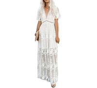 Onsoyours Damen Sommerkleider V-Ausschnitt Strandkleider Einfarbig Kurzarm Casual A-Linie Kleid Boho Kleid C Weiß M