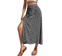 Onsoyours Damen Sommerrock Schlitzwickel Rock Hoher Taille Elastischer A-Linie Lang Rock Freizeitrock Geteilte Wickelröcke Midirock Boho Blumenrock A Schwarz XXL