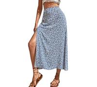 Onsoyours Damen Sommerrock Schlitzwickel Rock Hoher Taille Elegant Elastischer A Linie Lang Rock Freizeitrock Geteilte Midi-Wickelröcke Midirock Boho Blumenrock A Hellblau XS