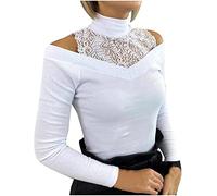 Onsoyours Damen Spitze Bluse T-Shirt Sexy Schulterfreies Langarmshirt Slim Fit Einfarbig Patchwork Spitzenbluse Elegant Tunika Oberteil Top Casual Weiß L