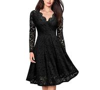 Onsoyours Damen Spitzenkleid Cocktailkleid Langarm Elegant V-Ausschnitt Hollow Out Spitze Swing Plissee Party Abendkleider Knielang Ballkleid A Schwarz XS
