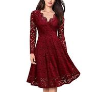 Onsoyours Damen Spitzenkleid Cocktailkleid Langarm Elegant V-Ausschnitt Hollow Out Spitze Swing Plissee Party Abendkleider Knielang Ballkleid A Weinrot XS
