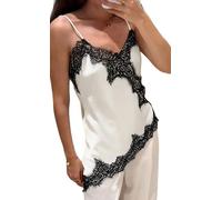 Onsoyours Damen Spitzenkleid V Ausschnitt High-Low-Spaghettiträger aus Seide Asymmetrisches Cami-Top Elegant Party Mini Dress B BeigeSchwarz M