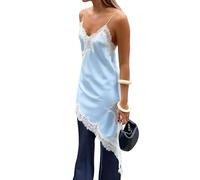 Onsoyours Damen Spitzenkleid V Ausschnitt High-Low-Spaghettiträger aus Seide Asymmetrisches Cami-Top Elegant Party Mini Dress A Hellblau L