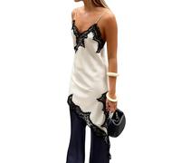 Onsoyours Damen Spitzenkleid V Ausschnitt High-Low-Spaghettiträger aus Seide Asymmetrisches Cami-Top Elegant Party Mini Dress A BeigeSchwarz S