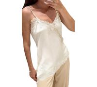 Onsoyours Damen Spitzenkleid V Ausschnitt High-Low-Spaghettiträger aus Seide Asymmetrisches Cami-Top Elegant Party Mini Dress B Beige L