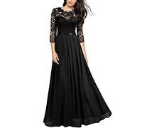Onsoyours Damen Spitzenkleider Hochzeit Chiffon Abendkleider Elegant 3/4 Ärmel Langes Kleid Plissee Maxikleider Cocktail Party Ballkleider Schwarz XL