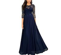 Onsoyours Damen Spitzenkleider Hochzeit Chiffon Abendkleider Elegant 3/4 Ärmel Langes Kleid Plissee Maxikleider Cocktail Party Ballkleider Dunkelblau XS