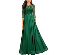 Onsoyours Damen Spitzenkleider Hochzeit Chiffon Abendkleider Elegant 3/4 Ärmel Langes Kleid Plissee Maxikleider Cocktail Party Ballkleider Grün XL
