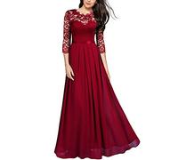 Onsoyours Damen Spitzenkleider Hochzeit Chiffon Abendkleider Elegant 3/4 Ärmel Langes Kleid Plissee Maxikleider Cocktail Party Ballkleider Rotwein L