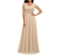 Onsoyours Damen Spitzenkleider Hochzeit Chiffon Abendkleider Elegant Kurzarm Langes Kleid Plissee Maxikleider Cocktail Party Ballkleider C Sekt XL