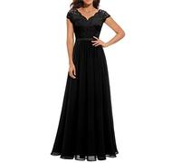 Onsoyours Damen Spitzenkleider Hochzeit Chiffon Abendkleider Elegant Kurzarm Langes Kleid Plissee Maxikleider Cocktail Party Ballkleider C Schwarz XL
