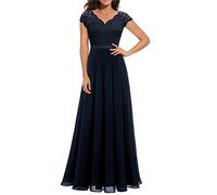 Onsoyours Damen Spitzenkleider Hochzeit Chiffon Abendkleider Elegant Kurzarm Langes Kleid Plissee Maxikleider Cocktail Party Ballkleider C Dunkelblau L