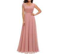 Onsoyours Damen Spitzenkleider Hochzeit Chiffon Abendkleider Elegant Kurzarm Langes Kleid Plissee Maxikleider Cocktail Party Ballkleider C Rosa M