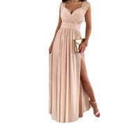 Onsoyours Damen Spitzenkleider Hochzeit Chiffon Abendkleider Elegant Ohne Arm Langes Kleid Plissee Maxikleider Cocktail Party Ballkleider A Aprikose M