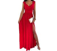Onsoyours Damen Spitzenkleider Hochzeit Chiffon Abendkleider Elegant Ohne Arm Langes Kleid Plissee Maxikleider Cocktail Party Ballkleider A Rot S