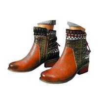 Onsoyours Damen Stiefeletten mit Absatz Leder Kurze Stiefel Retro Spleißen Bunte Cosy Wanderschuhe Elegante Reißverschluss Party Schuhe Frühling Herbst Winter Dunkelbraun 35