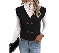 Onsoyours Damen Strickweste Weste Ärmellose V-Ausschnitt Strickjacke Strickweste Cardigan Vest Top Pullunder Weste Herbst Winter Sweater Knopfweste Strickpullover A Schwarz L