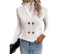 Onsoyours Damen Strickweste Weste Ärmellose V-Ausschnitt Strickjacke Strickweste Cardigan Vest Top Pullunder Weste Herbst Winter Sweater Knopfweste Strickpullover A Weiß L