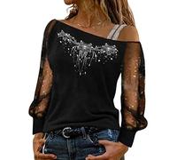 Onsoyours Damen Sweatshirt Schulterfrei Oberteile Sexy Glitzer Spitze Langarmshirt Bedruckt Elegant Pullover Jumper Streetwear B Schwarz M