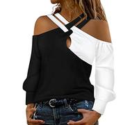 Onsoyours Damen Sweatshirt Schulterfrei Oberteile Sexy Glitzer Spitze Langarmshirt Bedruckt Elegant Pullover Jumper Streetwear F3 Weiß L