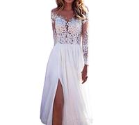 Onsoyours Damen V-Ausschnitt Hochzeitskleider Lang Ärmel Spitze Chiffon Boho Brautkleider Weiß 11 XS