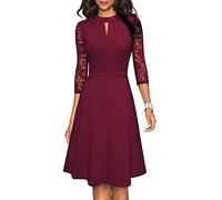 Onsoyours Damen Vintage 3/4 Ärmel Floral Spitze Gestickte Cocktail Ausgestelltes Kleid Elegant Hollow Out Swing Plissee Party Cocktailkleid A Weinrot M