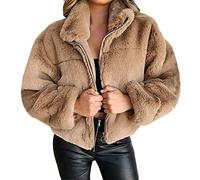Onsoyours Damen Winterjacke Kurz Vorne Offen Lange Ärmel Faux Wolle Mantel Mit Taschen Cardigan Jacke Plüsch Oberbekleidung Khaki S