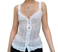 Onsoyours Damen Y2K Tops 2000s T-Shirts Spitze Trim Vintage Harajuku Knopf V-Ausschnitt Casual Pullover Tees Y2K Oberteil Camisole Top Streetwear B Weiß M