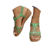 Onsoyours Frauen Sandalen Sommer Boho Offene Schuhe Rom Damen Freizeit Elastischen Knöchelriemchen Keilabsatz Sandals Party Sommerschuhe Strandsandalen mit Strass B Grün 39 EU