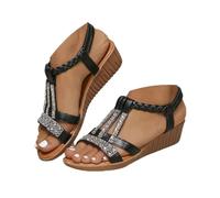 Onsoyours Frauen Sandalen Sommer Boho Offene Schuhe Rom Damen Freizeit Elastischen Knöchelriemchen Keilabsatz Sandals Party Sommerschuhe Strandsandalen mit Strass B Schwarz 01 41 EU
