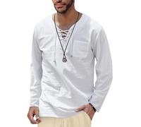 Onsoyours Hemd Herren Langarm Leinenhemd mit V Ausschnitt Mittelalter Schnürhemd Loose Fit Freizeithemd Atmungsaktiv Einfarbig Sommer Ärmellose Shirt A Weiß L