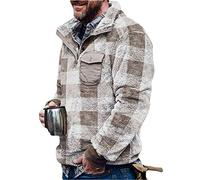 Onsoyours Herren Kunstfell Doppelseitige Wolle Jacke mit Taschen Warm Plüsch Mantel Sweatshirt Pullover Kapuzenpullover Plüschjacke Helles Kaffeegitter 3XL