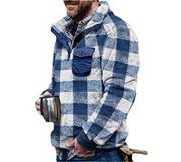 Onsoyours Herren Kunstfell Doppelseitige Wolle Jacke mit Taschen Warm Plüsch Mantel Sweatshirt Pullover Kapuzenpullover Plüschjacke Blaues Gitter XL