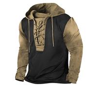 Onsoyours Herren T-Shirts Vintage Langarm Distressed Henley Shirt Retro Outdoor Sports Tactical T-Shirt Tops Casual Mittelalter Hemd Schnürhemd V-Ausschnitt Hemd mit Kapuze C Khaki XL