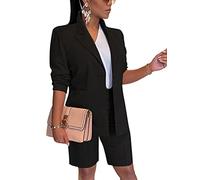 Onsoyours Hosenanzüge für Damen Blazer Anzug Set 2 Teilige Outfits Einfarbig Lässiges Elegant Business Anzugshorts Zweiteiler Slim Fit Streetwear A Schwarz M
