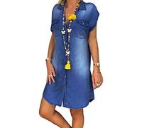 Onsoyours Jeanskleider Damen Sommerkleid Jeans Kleider V-Ausschnitt Strandkleider Einfarbig A-Linie Kleid Blusenkleid Hemdkleid Knielang Kleid Denimkleid A Dunkelblau S